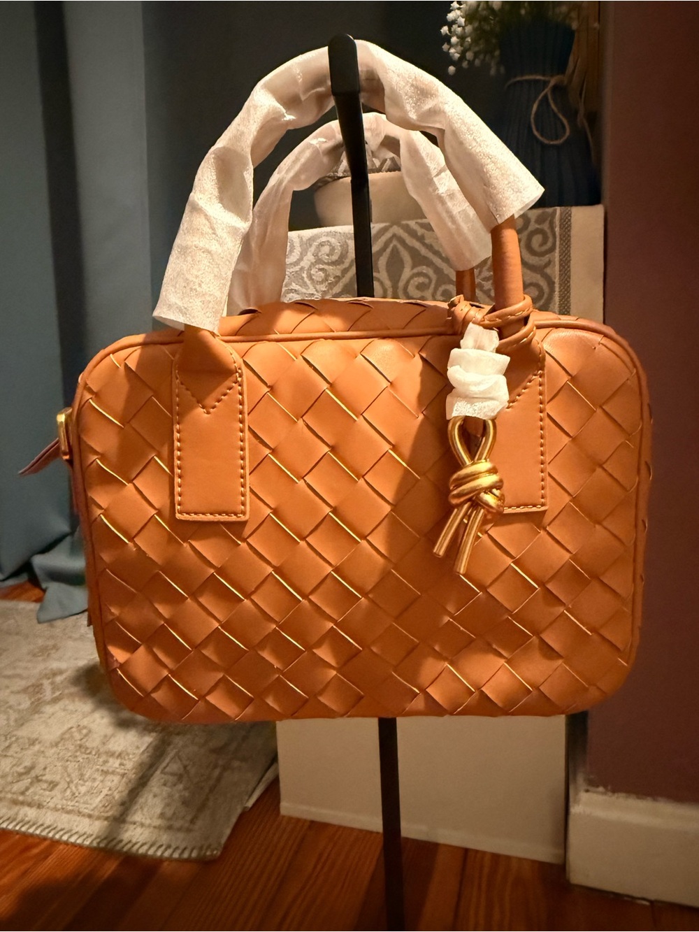 Woven Leather Top-Handle Satchel in Tan - Picture 2 of 6